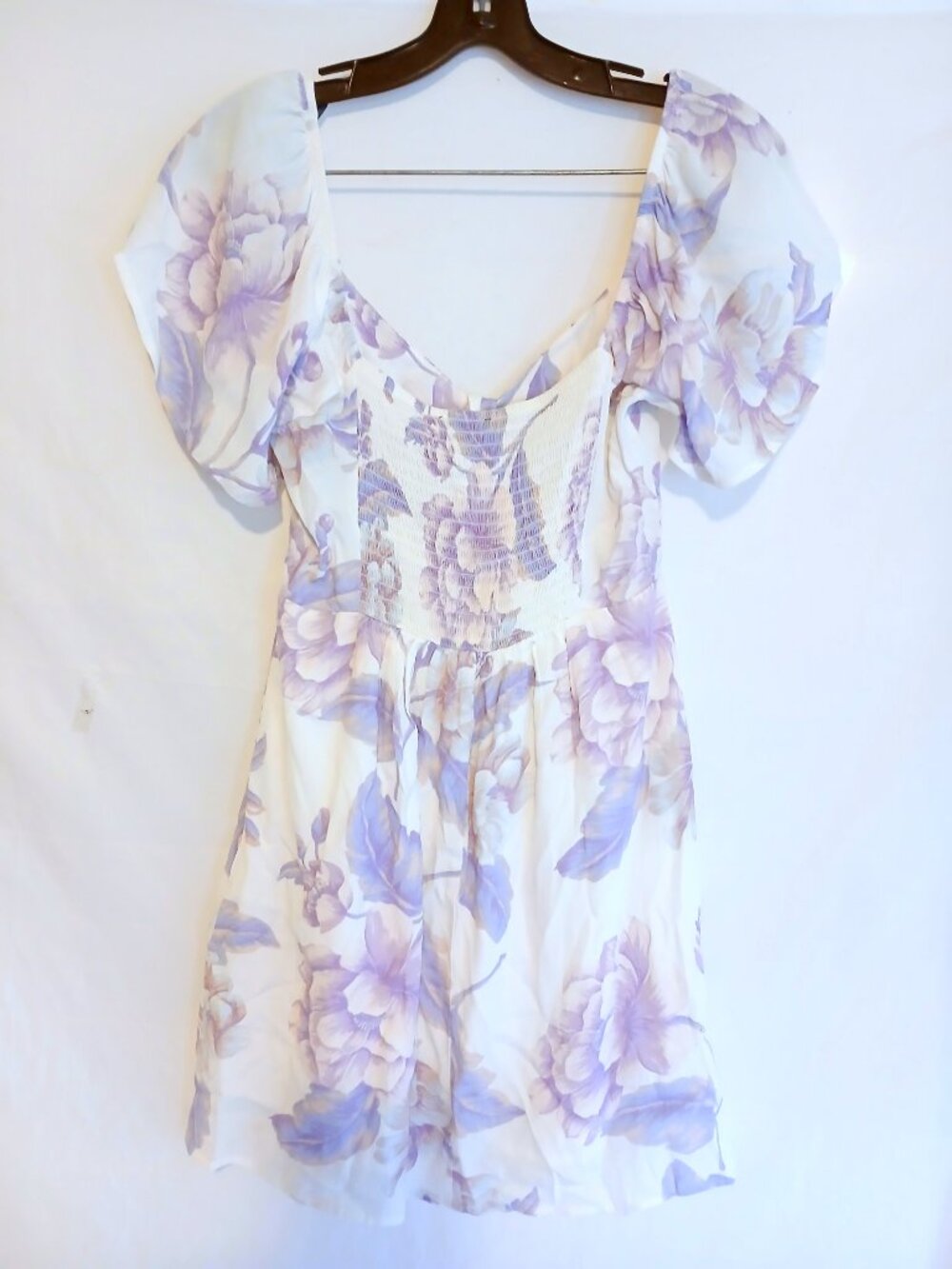 Forever 21 White Lavender Floral Puff Sleeve Lined Mini Dress M Cottagecore Boho - Picture 4 of 7